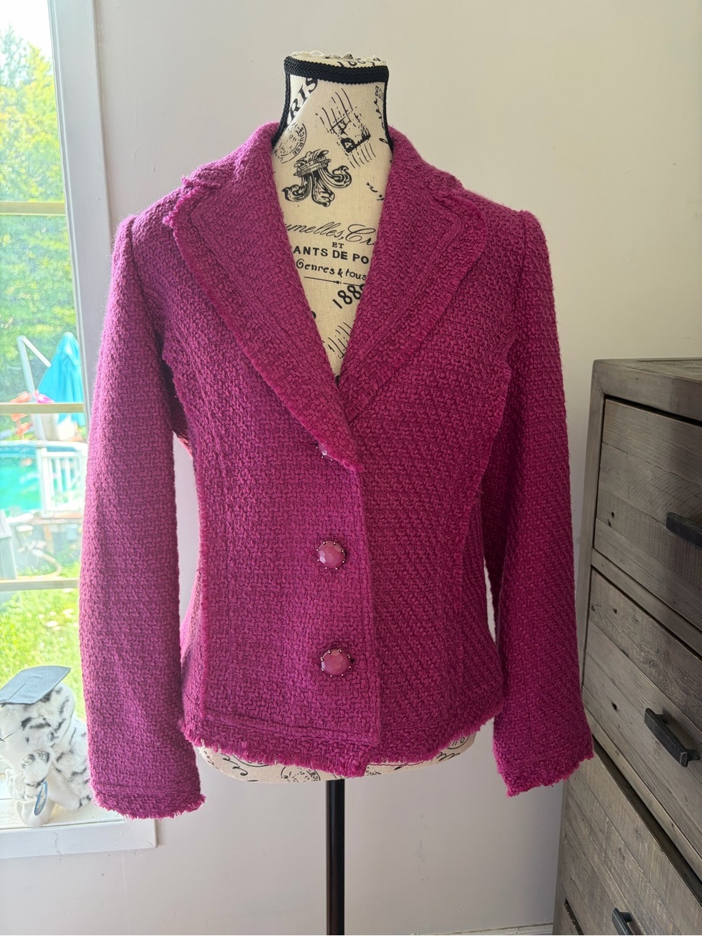 Jessica Size Medium Fuchsia Bouclé Tweed Women's Blazer with Jewel Like Buttons